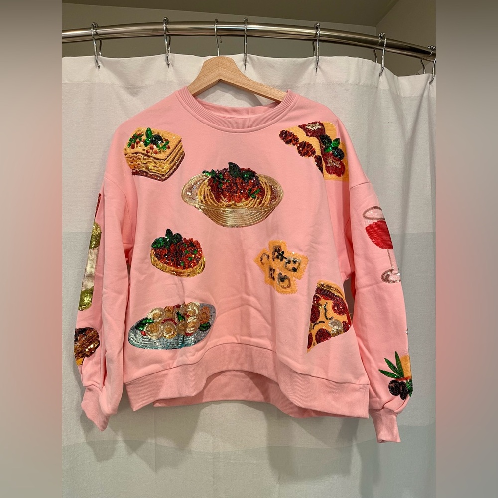 Queen of Sparkles Sequin Pink Italian Food Sweatshirt - Small - NWOT